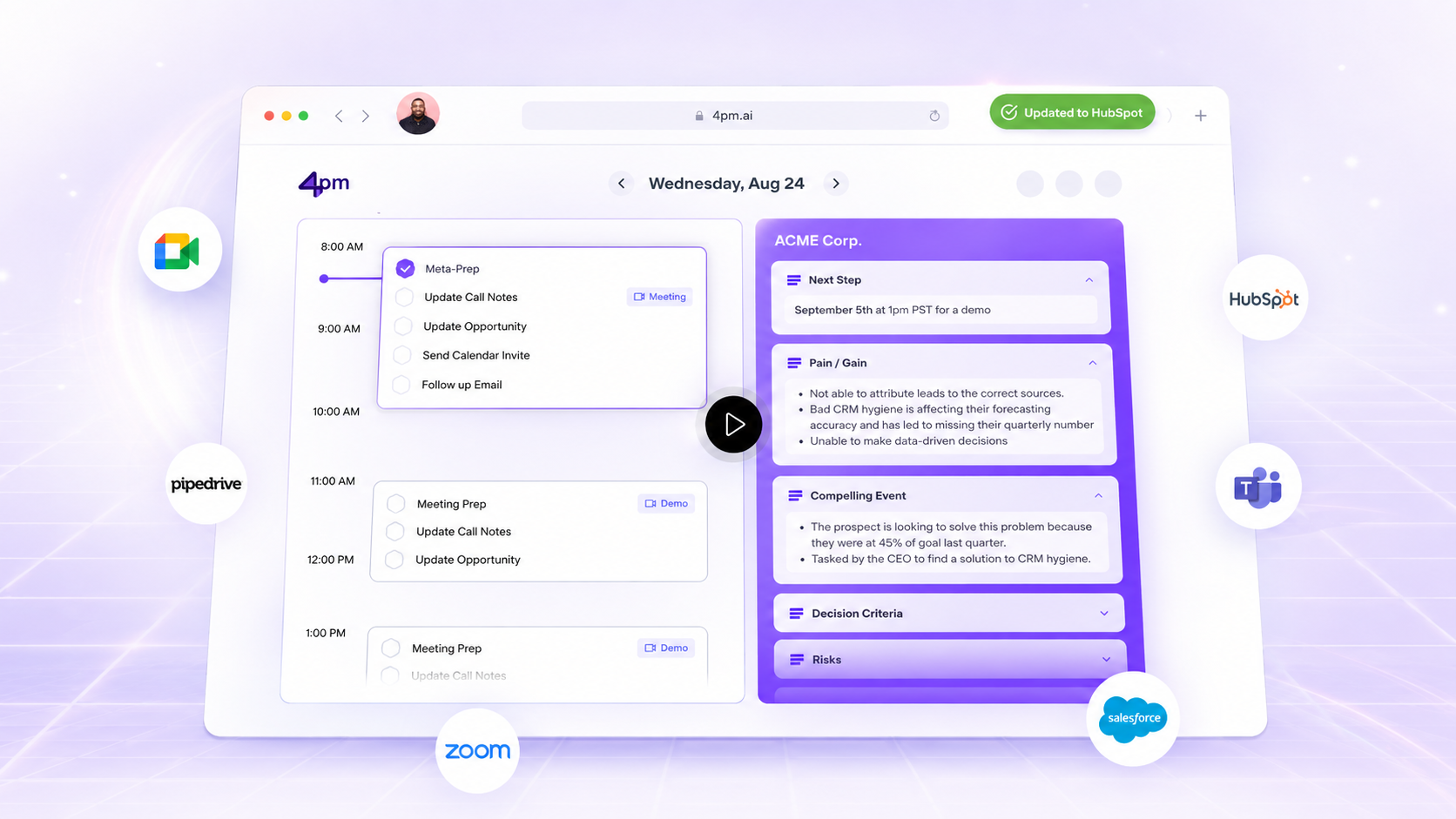 The 4pm interface: a seller's day view alongside call notes syncing into the CRM